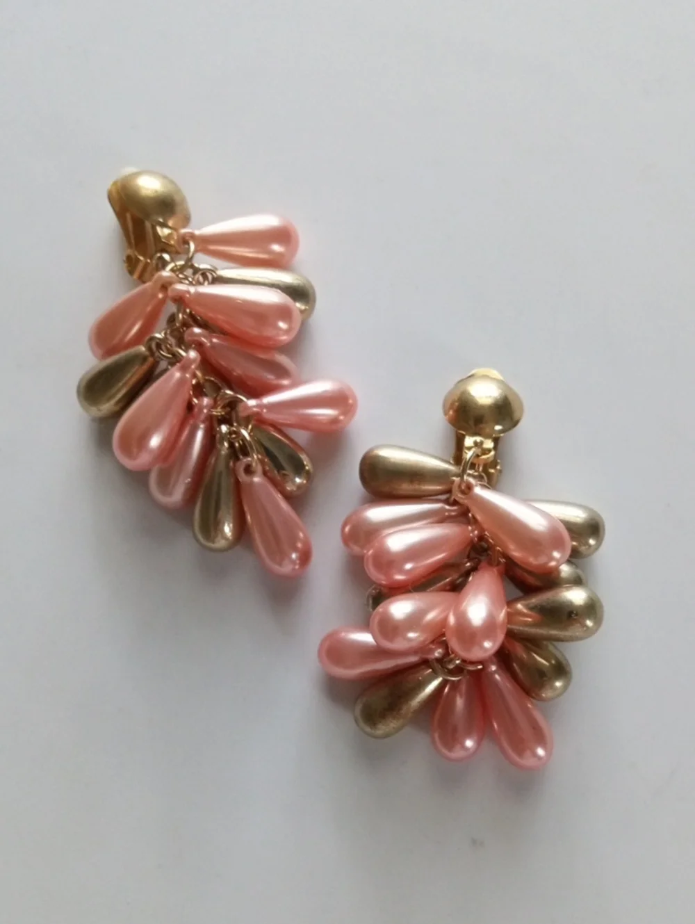 Vintage Clip on Pink Gold Teardrop Faux Pearl Costume Jewelry Earrings